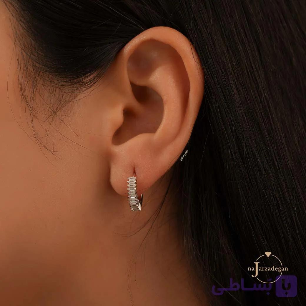 گوشواره حلقه ای نقره زنانه نگین باگت مدل اورورا عیار 925 کد 1912 — تصویر 1