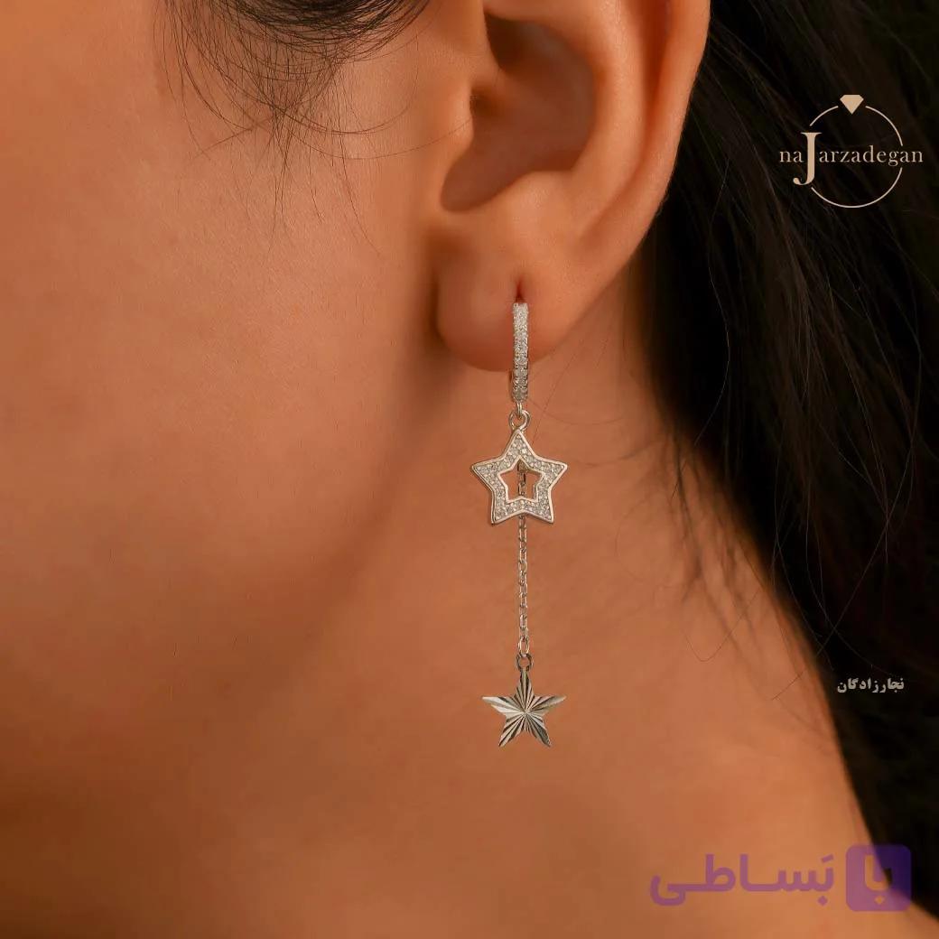 گوشواره حلقه ای نقره زنانه آویز ستاره مدل آسمان شب عیار 925 کد 1907 — تصویر 1