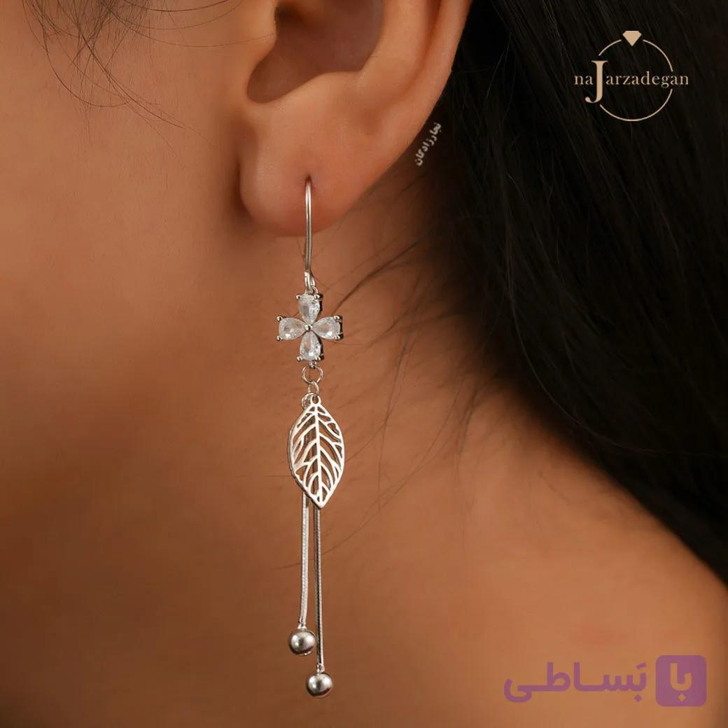 گوشواره نقره زنانه آویز گل و برگ مدل گل بهار عیار 925 کد 1910 — تصویر 1