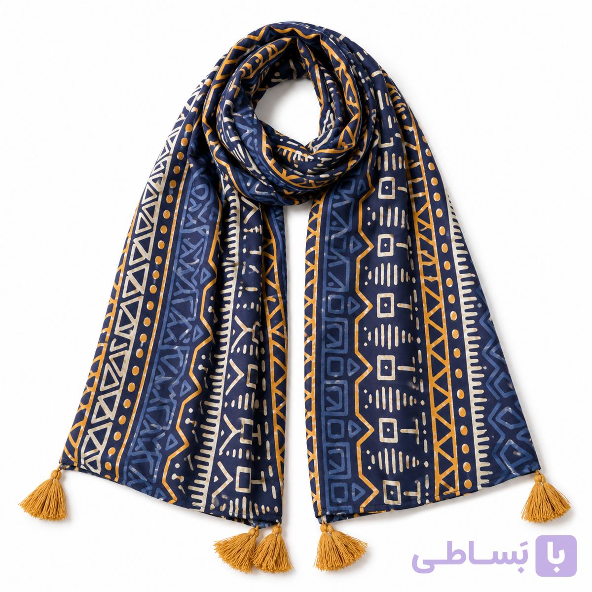 شال زنانه طرح هندسی سنتی نارنجی و طوسی منگوله‌دار — تصویر 1