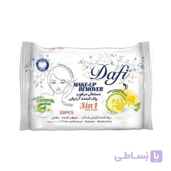 دستمال مرطوب پاک‌ کننده آرایش دافی DAFI مدل 3in1 عصاره خیار و لیمو بسته 20 عددی