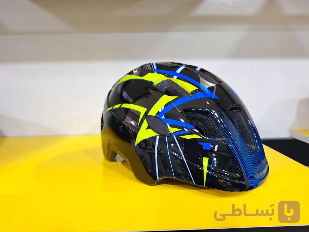 کلاه ایمنی بچگانه قناری KS16 طرح خط دار مشکی-آبی-زرد — تصویر 1