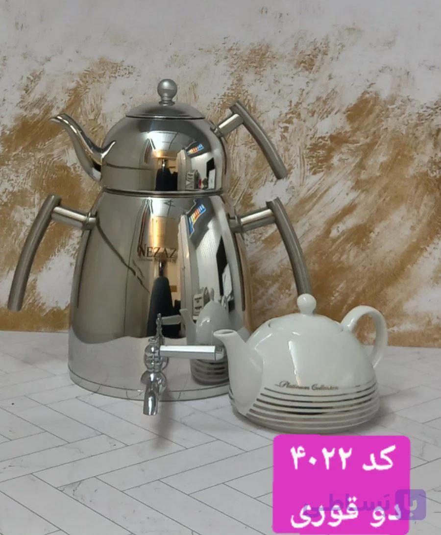 کتری وقوری نزاز ۶لیتر هرمی دسته استیل (دو قوری)کد ۴۰۲۲
