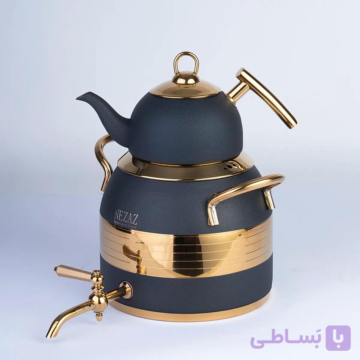 کتری و قوری نزاز ۵لیتر طرح ترک مشکی طلایی قوری استیل کد ۲۶۰۵
