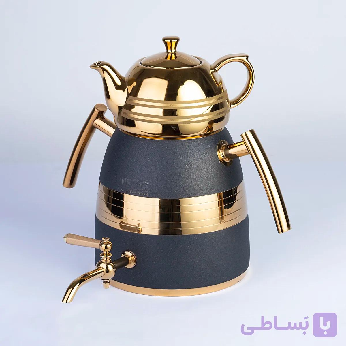 کتری و قوری نزاز ۶لیتر هرمی رنگی با قوری چینی طلایی کد ۴۰۱۴
