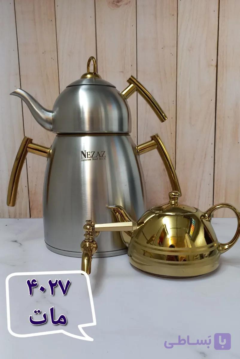 کتری و قوری نزاز ۶لیتر هرمی دسته استیل طلایی (دو قوری)کد ۴۰۲۷