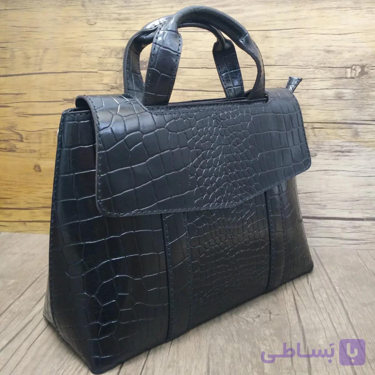 کیف دوشی اداری مجلسی زنانه چرم گاوی مدل i-200 مشکی سنگی براق ایزاکو — تصویر 1