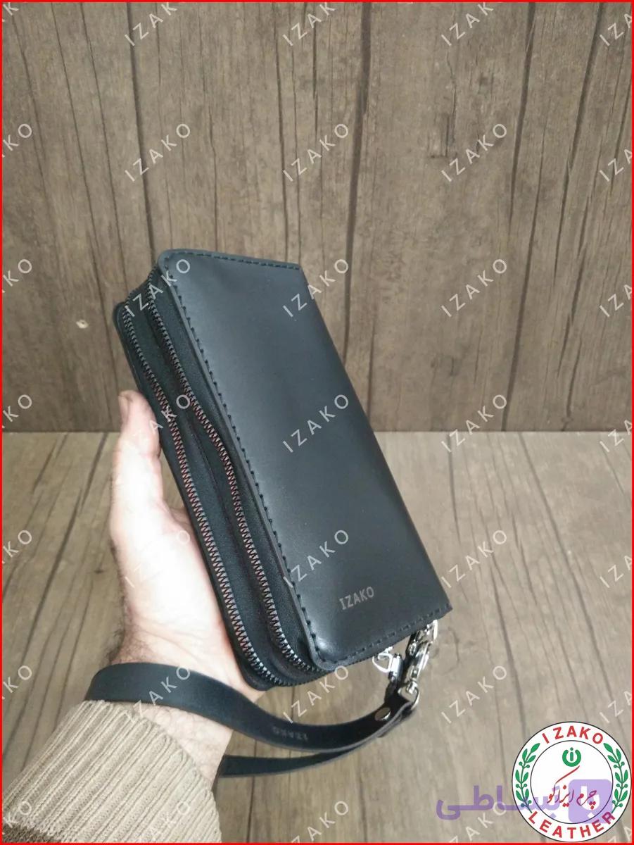 کیف موبایل و پول دو زیپ چرم گاوی دستدوز مدل i-850 برند ایزاکو — تصویر 1