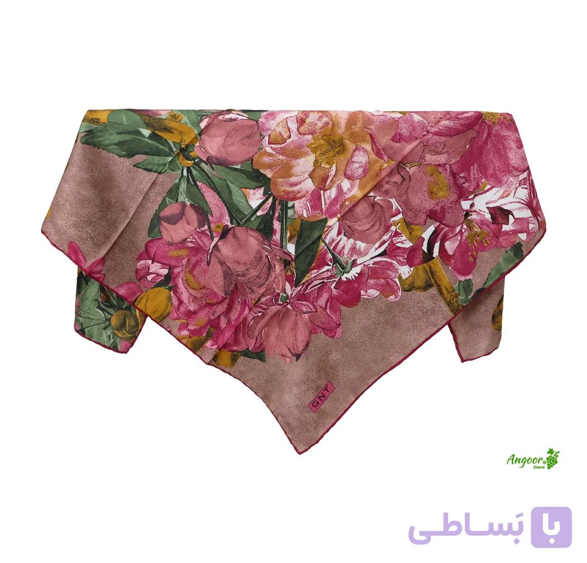روسری ابریشم ریون ترک فانتزی قواره 100 با زمینه قهوه ای کد 1214 — تصویر 1