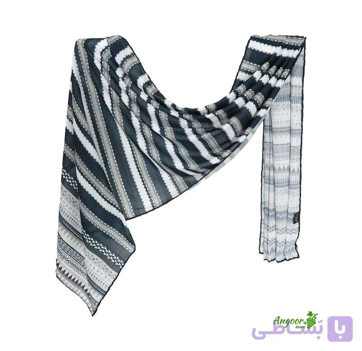 شال نخی میله ای سفید مشکی کد 2089 — تصویر 1