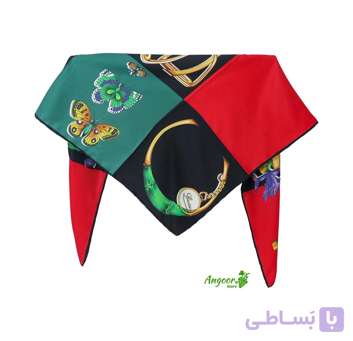 روسری ابریشم توییل مجلسی قرمز سبز طرح گوچی کد 1325 — تصویر 1