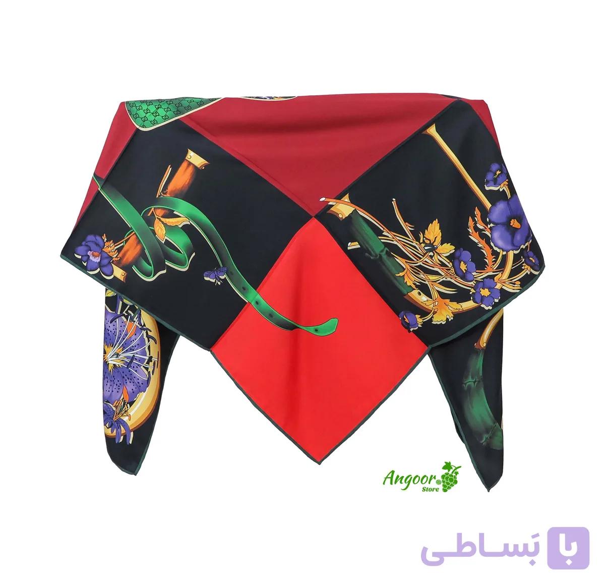 روسری ابریشم توییل مجلسی قرمز مشکی طرح گوچی کد 1330 — تصویر 1