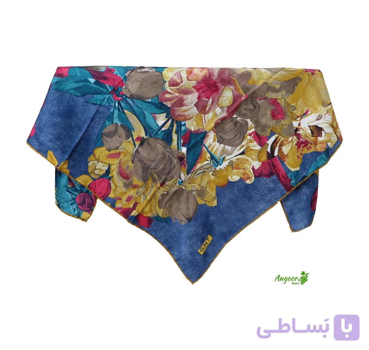 روسری ابریشم ریون ترک فانتزی قواره 100 با زمینه آبی کد 1212 — تصویر 1