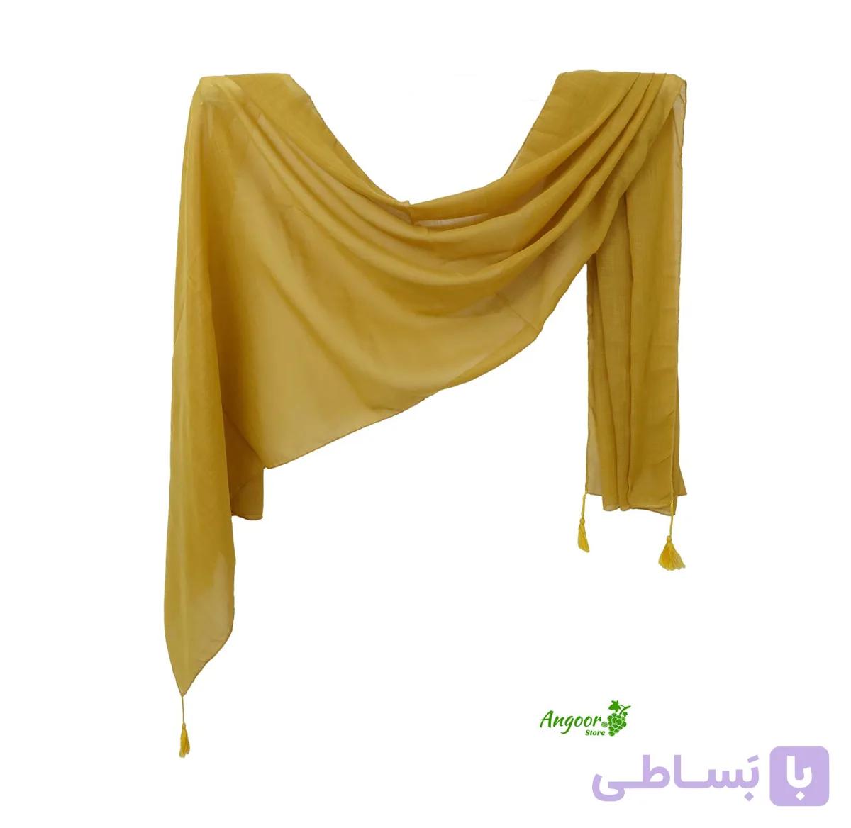 شال نخی تک رنگ ساده لنین رنگ خردلی کد 2119 — تصویر 1
