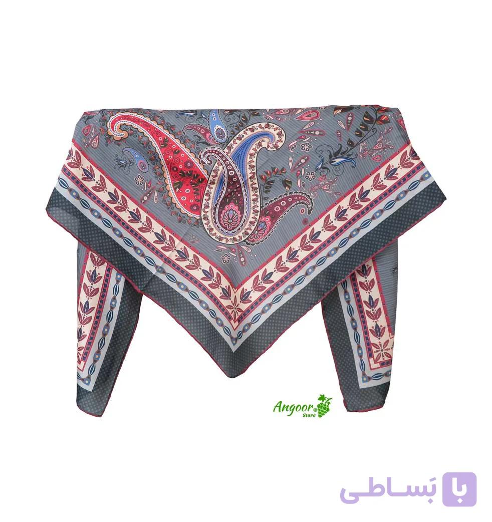 روسری ابریشم توییل شاد طوسی قرمز کد 1448 — تصویر 1