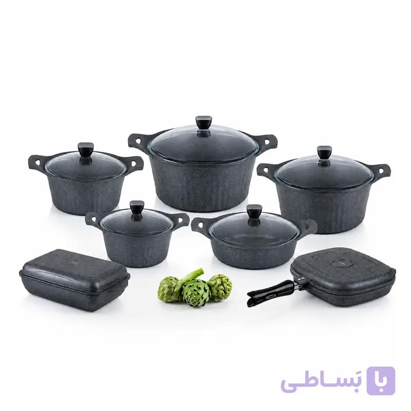 سرویس قابلمه 14 پارچه گرانیتی ریور طرح سنگ طوسی مدل 3778 — تصویر 1