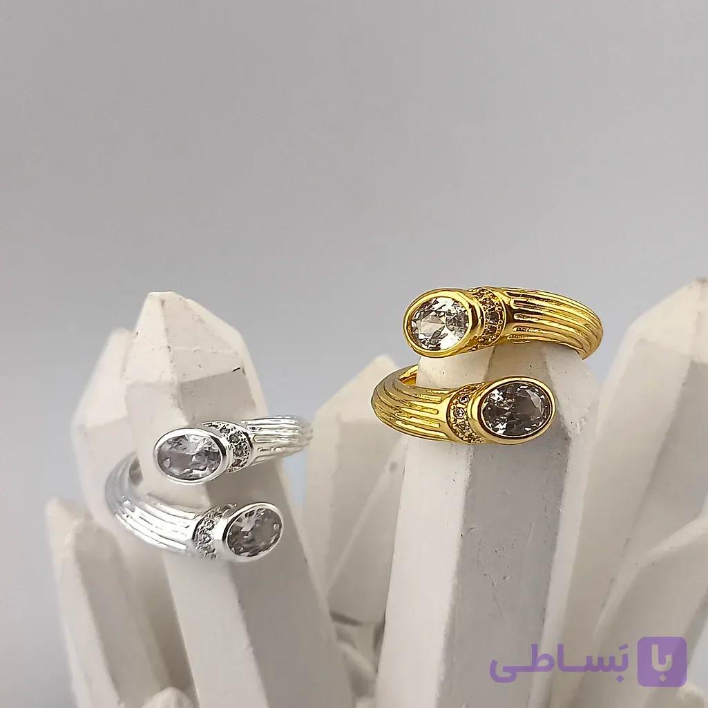 انگشتر زنانه استیل طرح شیاردار نگین کریستالی — تصویر 1