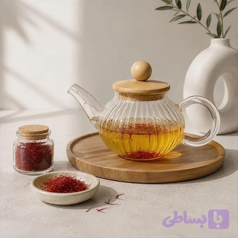 قوری زعفران پیرکس شیار دار درب بامبو