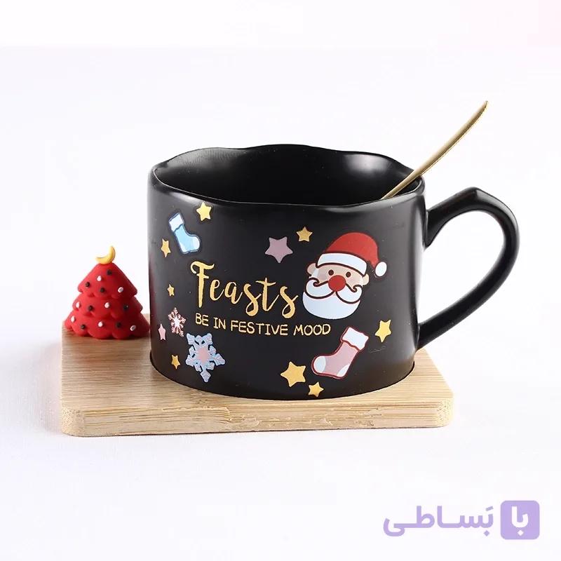 ماگ سرامیکی کریسمس با زیره چوبی و قاشق — تصویر 1