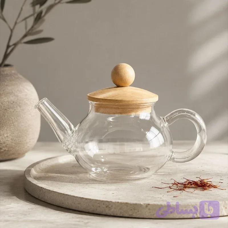 قوری زعفران پیرکس ساده درب بامبو