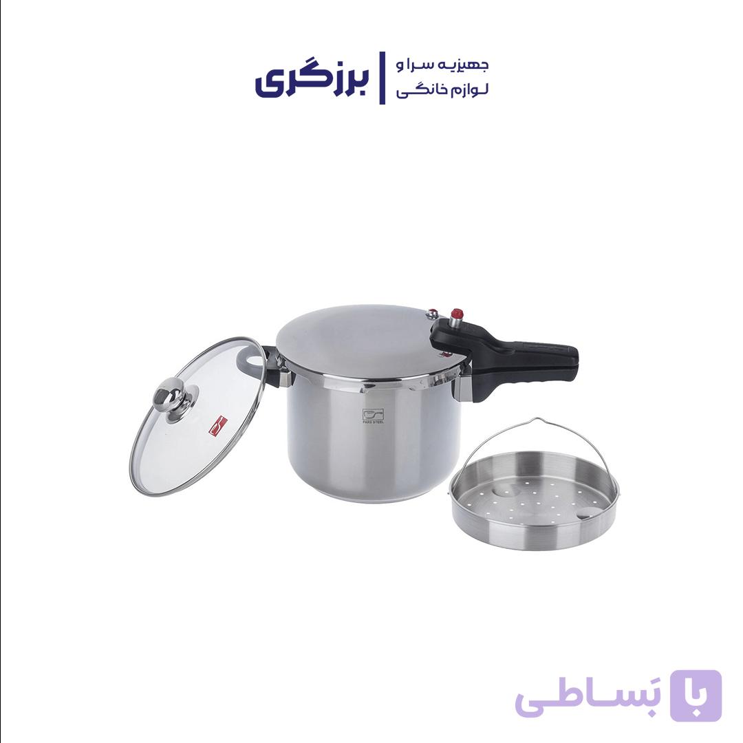 زودپز پارس استیل کف سه لایه (6 لیتر) با درب و بخارپز — تصویر 1