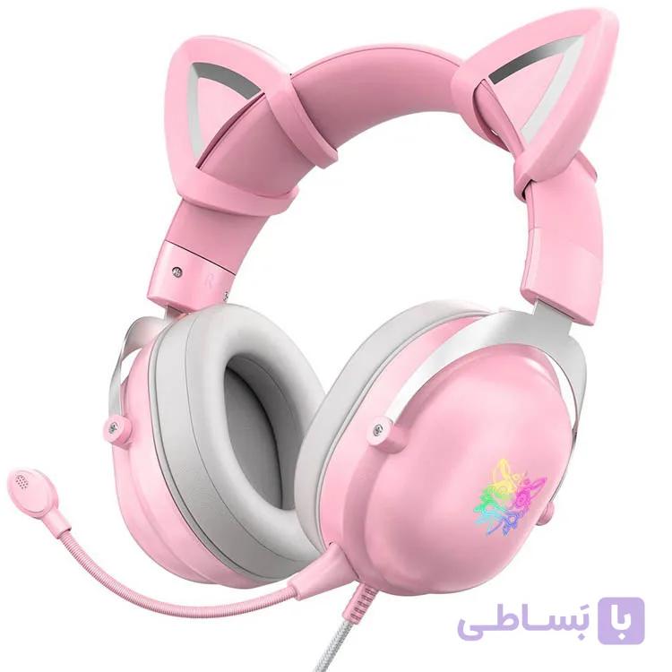 هدفون مخصوص بازی اونیکوما مدل X11 صورتی طرح Cat Ears RGB — تصویر 1
