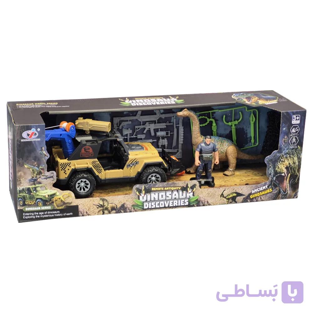 اسباب بازی ست ماشین پارک ژوراسیک کد 989918، همراه با ماشین آفرود و آدم و دایناسور — تصویر 1