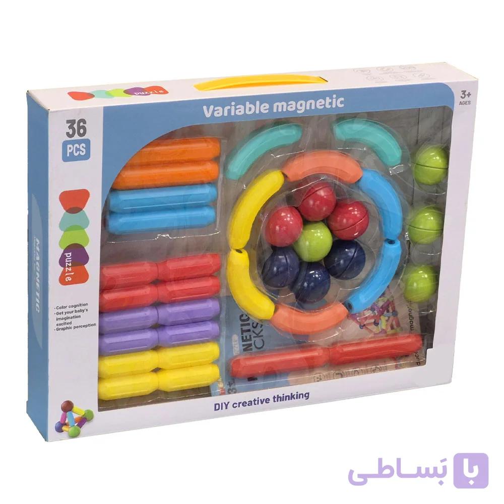 ساختنی مگنتی میله و مهره درشت مدل Variable Magnetic کد YK038، تعداد 36 قطعه، 26 قطعه میله مگنتی رنگی، 10 قطعه مهره رنگی — تصویر 1