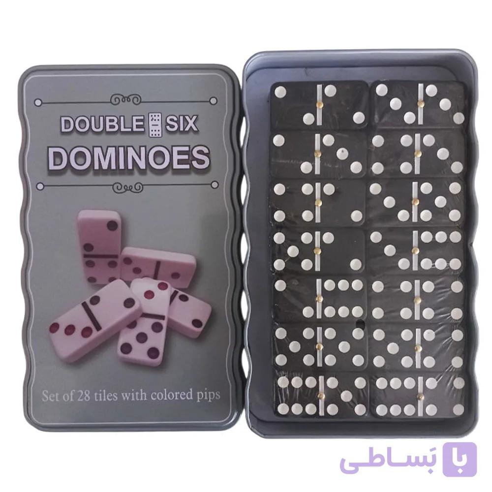 بازی دومینو سنگی با جعبه فلزی رنگ مشکی مدل Double six Dominoes، تعداد 28 قطعه مشکی رنگ — تصویر 1