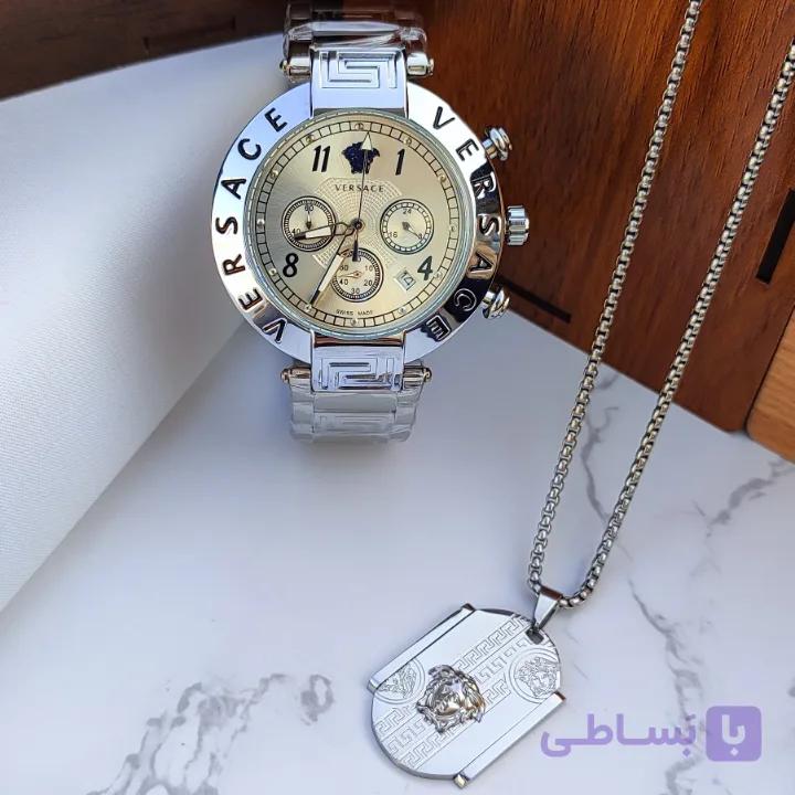 ست ورساچه مردانه ساعت و گردنبند نقره ای