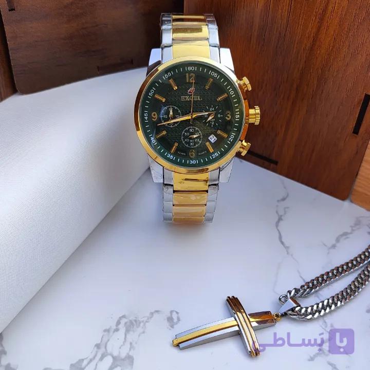 ست ساعت و گردنبند مردانه طلایی نقره ای اکسل