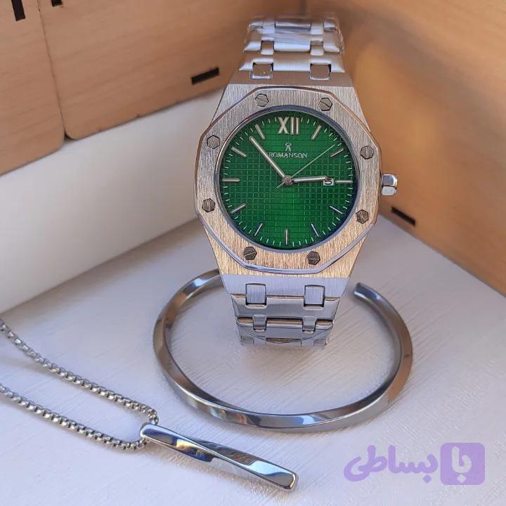 ست ساعت گردنبند دستبند پسرانه نقره ای استیل