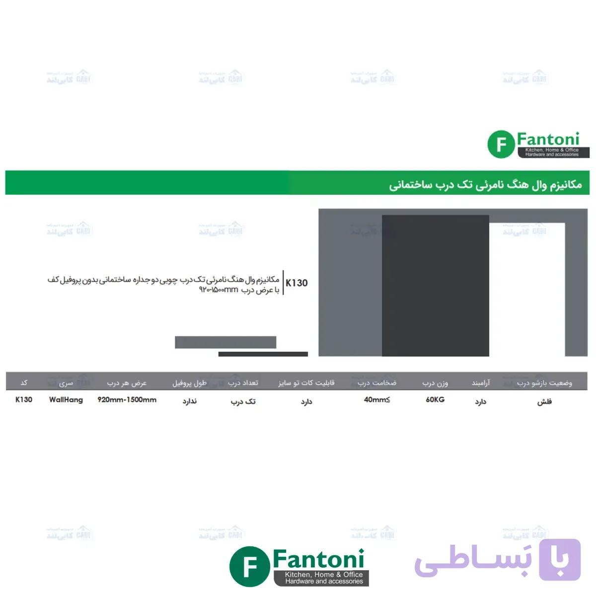 مکانیزم وال هنگ نامرئی تک درب چوبی دوجداره ساختمانی بدون پروفیل کف با عرض درب 920mm-1500mm فانتونی K130