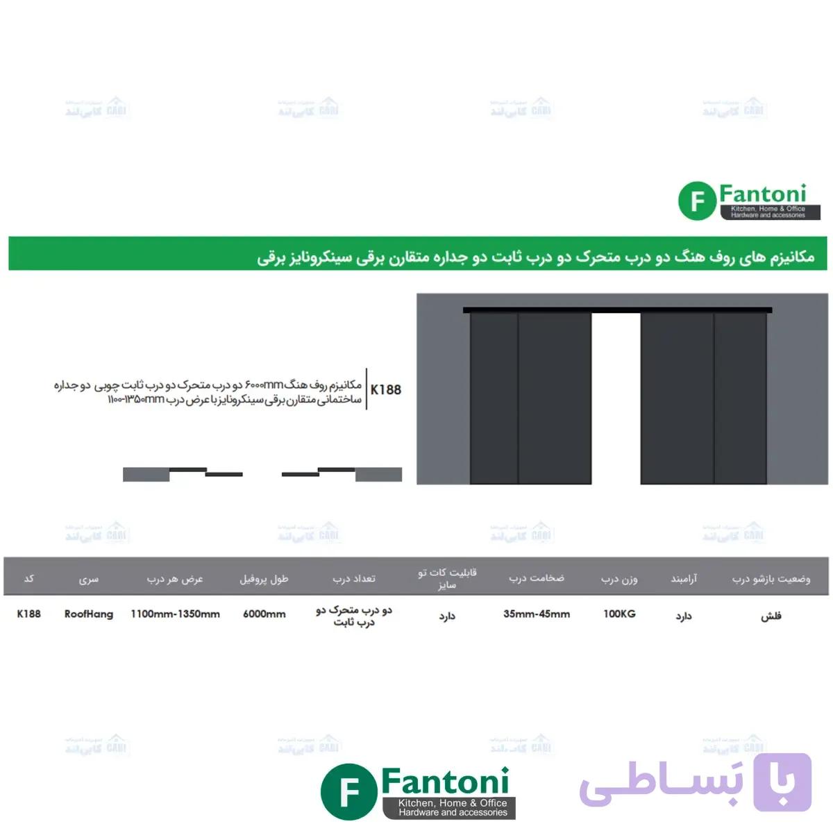 مکانیزم روف هنگ 6000mm دو درب متحرک دو درب ثابت چوبی دوجداره ساختمانی متقارن برقی سینکرونایز با عرض درب 1100mm-1350mm فانتونی K188