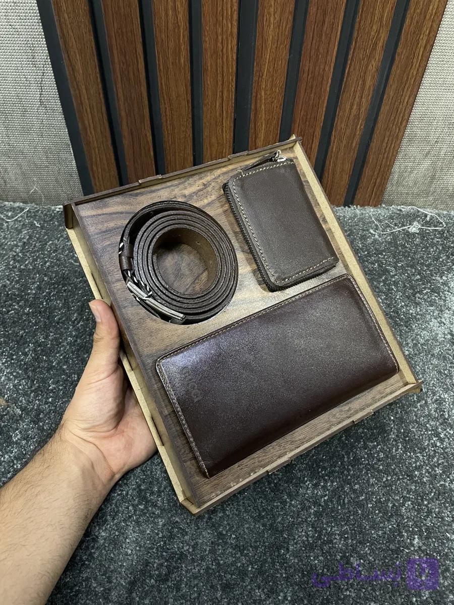 ست کیف و کمر بند چرم قهوه ای — تصویر 1