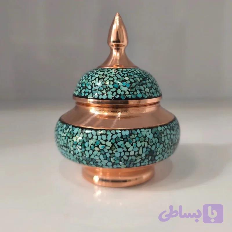 قندان مسی فیروزه کوبی شده 10 سانتی (پک عمده 12عددی) — تصویر 1