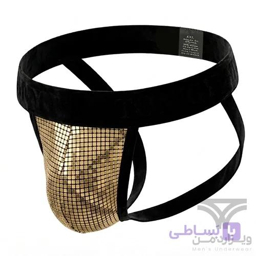 شورت مردانه فانتزی جاک استرپ Jockstrap اورجینال وارداتی برند Tommy dooyao بکلس دیسکویی طلایی — تصویر 1