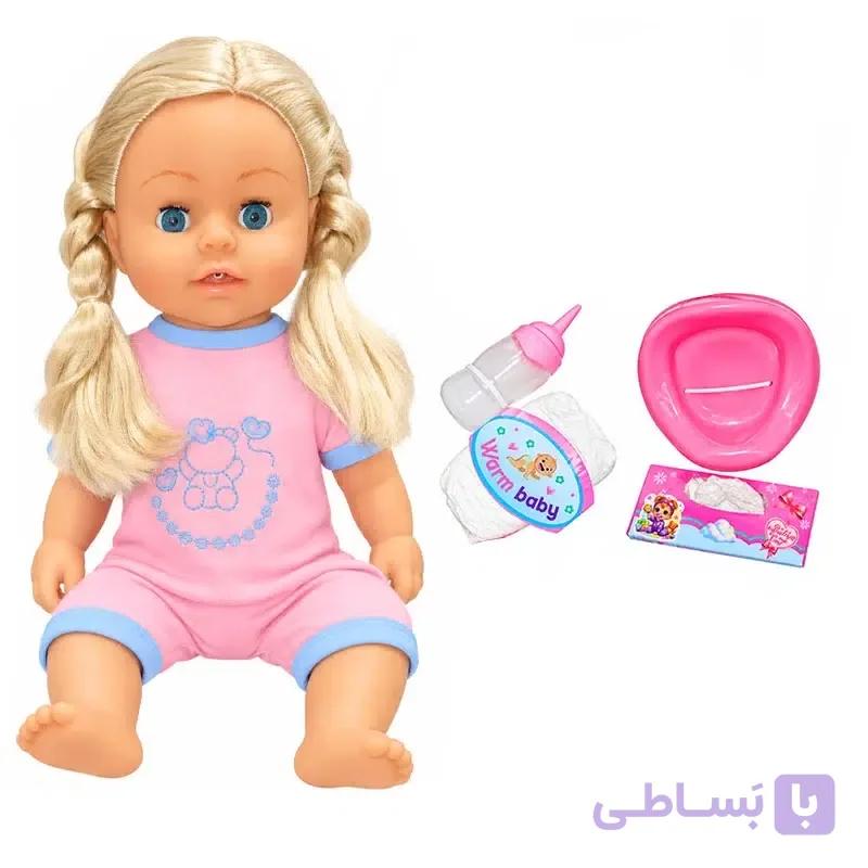 عروسک نوزاد دخترانه موزیکال با شیشه شیر و لوازم کامل — تصویر 1