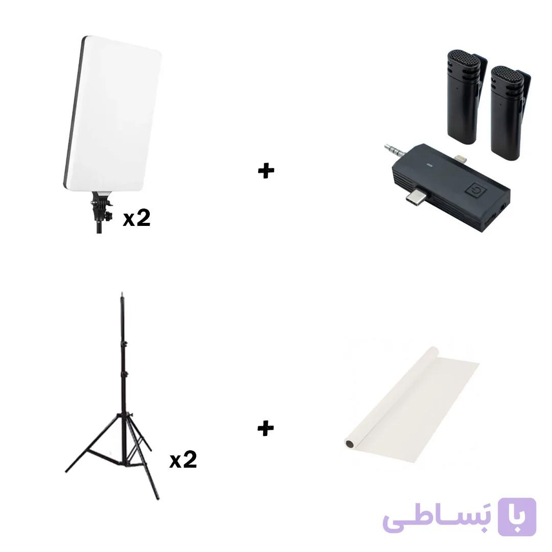 کیت نور دوعددی نور ثابت PL-48+دو عدد پایه 801 + میکروفون S17S ANSWER + پرده شطرنج سفید 2x3