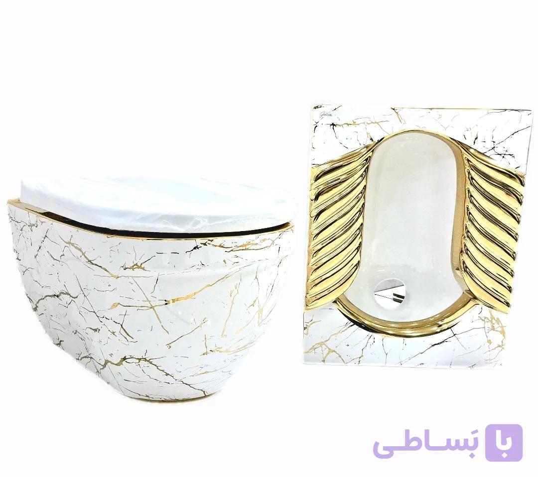 ست توالت ایرانی و والهنگ مدل ساترون فلت سفید طلایی کد118