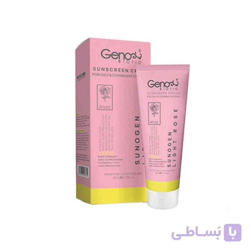 کرم ضدآفتاب ژنوبایوتیک پوست های چرب و مختلط رز روشن SPF50 فاقد چربی و پارابن