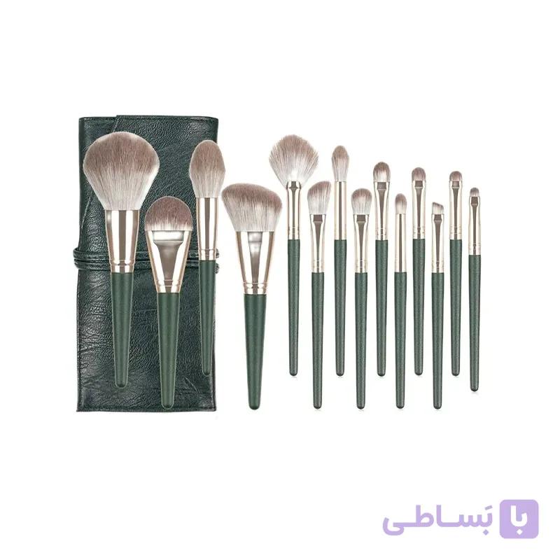 ست براش آرایشی مدل G1 رنگ سبز 14 عددی به همراه کیف چرمی