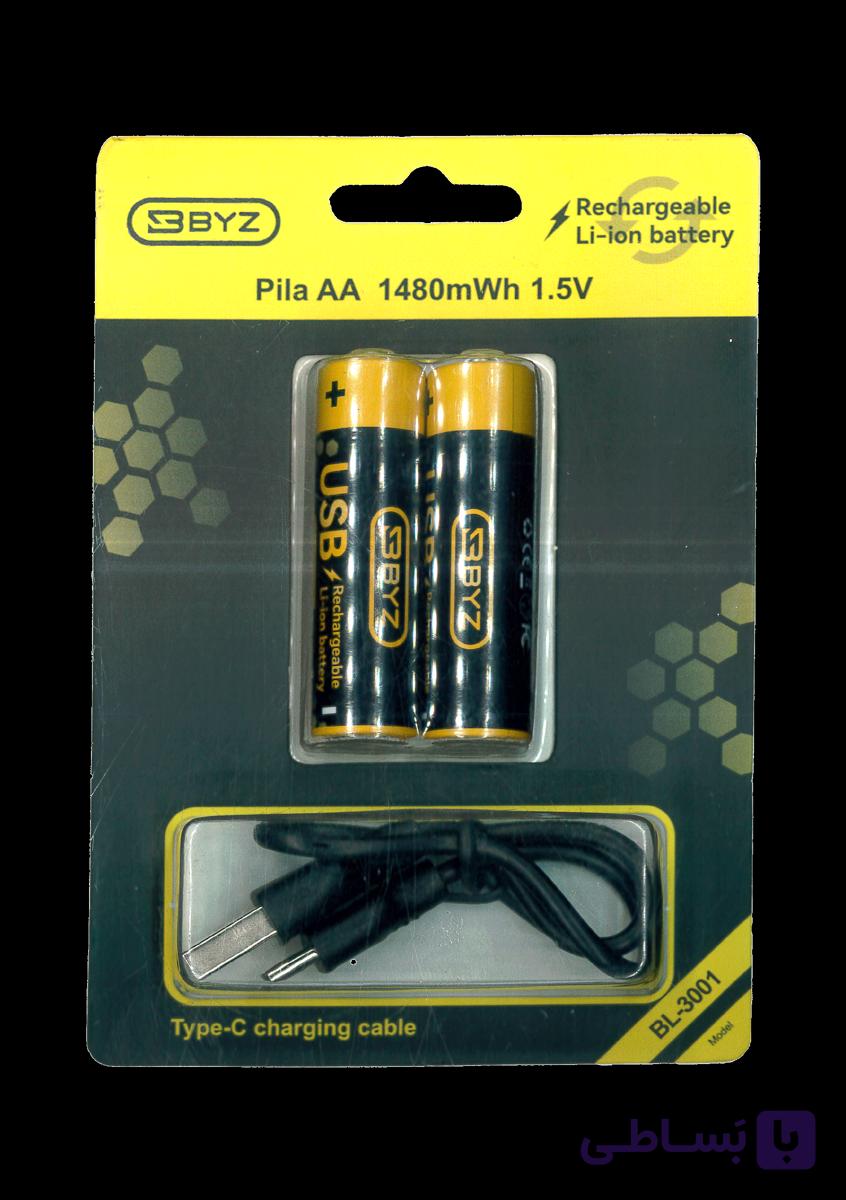 باتری شارژی type-c AA دو عددی BYZ مدل BL-3001 — تصویر 1