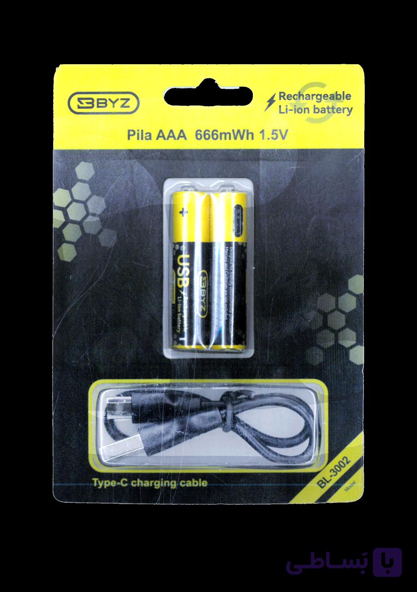 باتری شارژی type-c AAA دو عددی BYZ مدل BL-3002 — تصویر 1