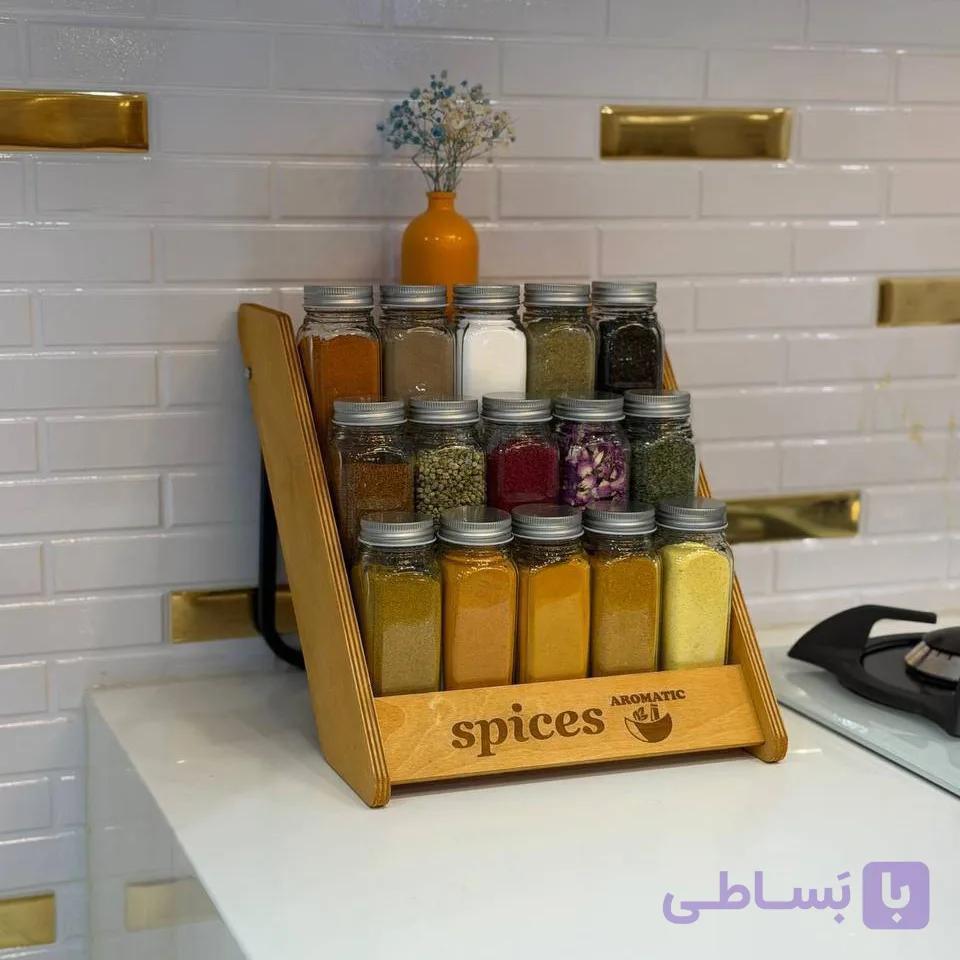 جای ادویه داخل دو حالته کشویی و روکابینتی همراه با استند چوبی ۱۵ عدد بانکه شیشه ای مک کارتی Bi — تصویر 1