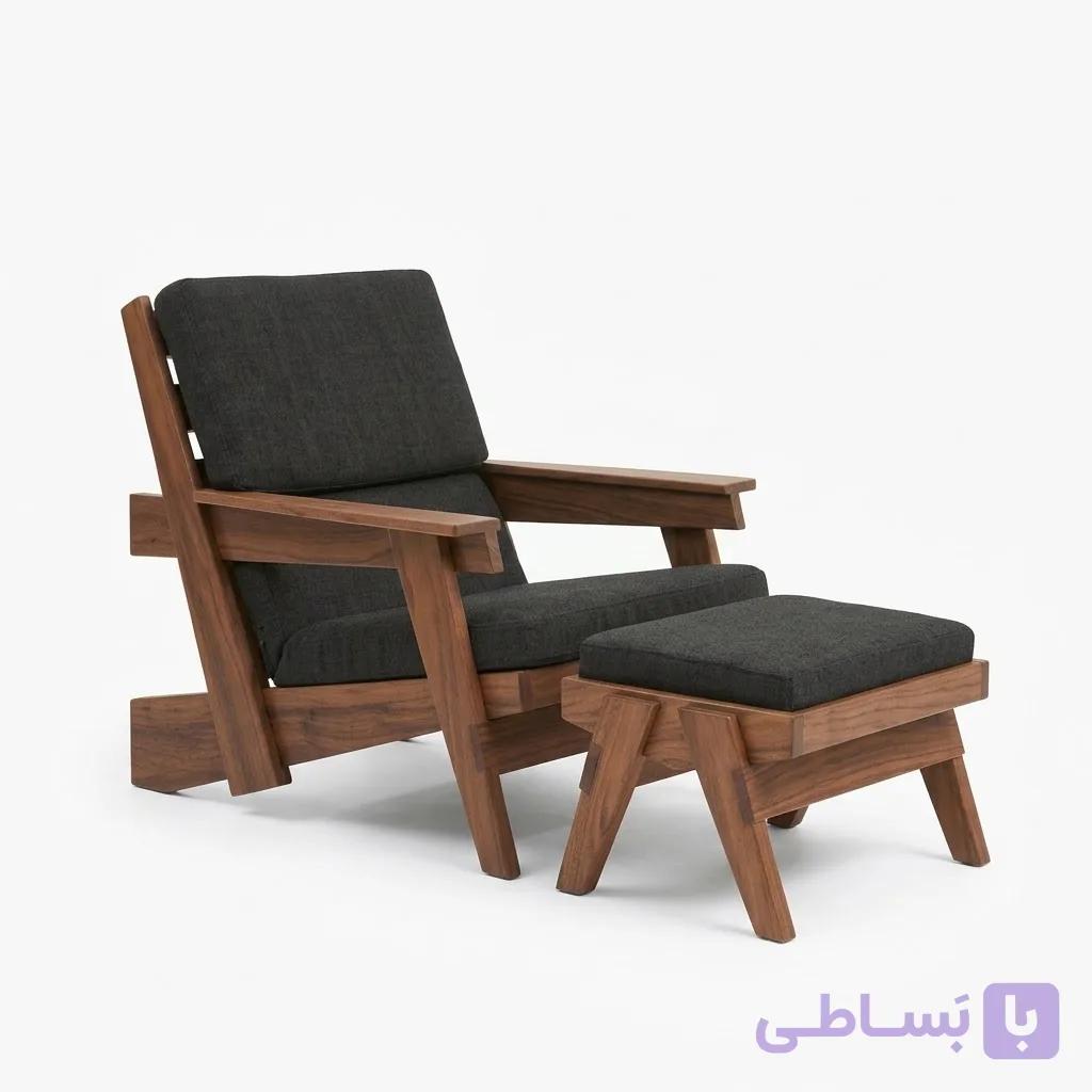 صندلی ریلکسی چوبی با پاف زیرپایی مدل نوردیک — تصویر 1