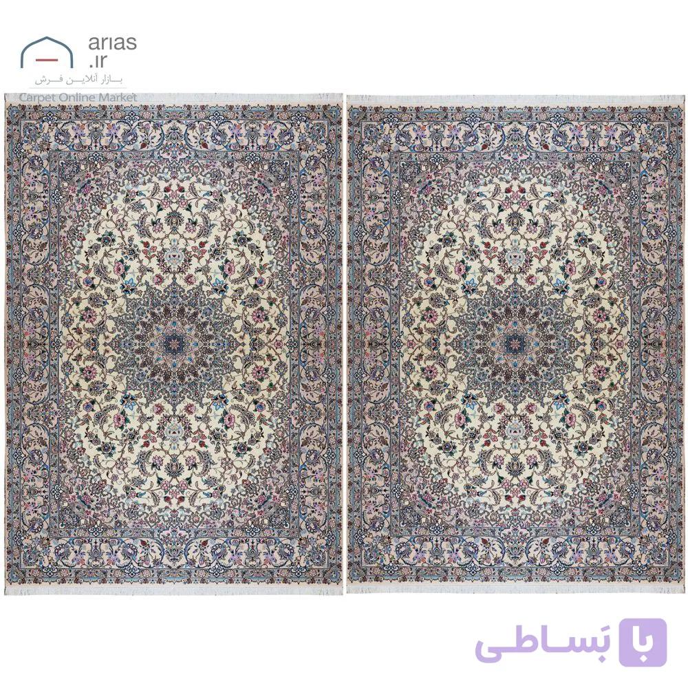 فرش دستباف نایین کرم نقشه لچک و ترنج جدید ۹ لا گل ابریشم – جفت ۹ متری کد D28204