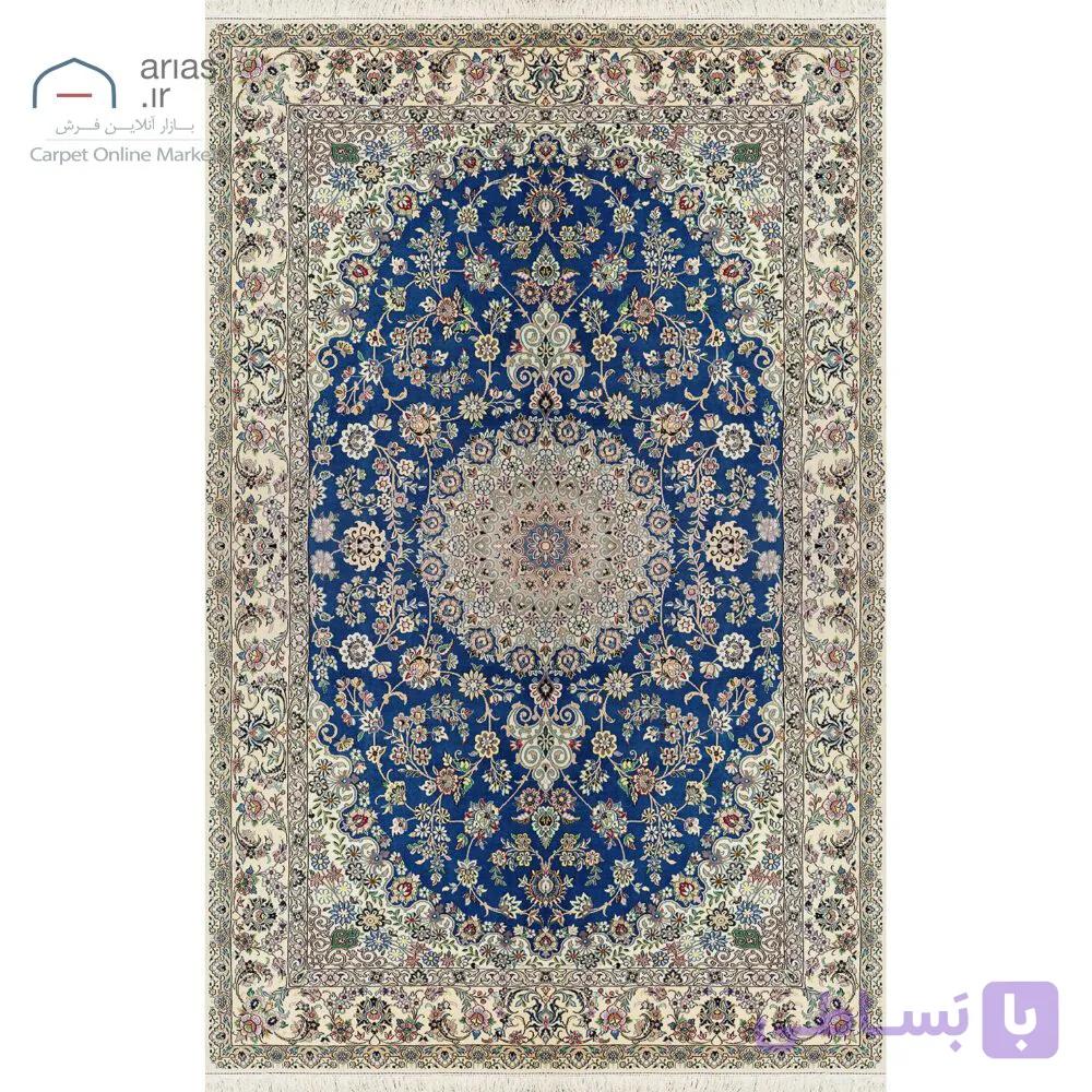 فرش دستباف نایین آبی نقشه لچک و ترنج ۹ لا گل ابریشم – ۶ متری کد D28195