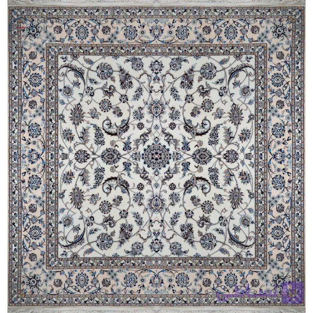 فرش دستباف نایین مربع ۲×۲ متر افشان کرم ۶ لا گل ابریشم کد D28175