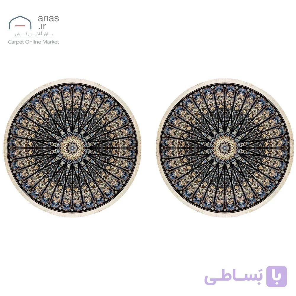 فرش نایین جفت گرد دستباف سرمه‌ای ۶ لا گل ابریشم کد D28201